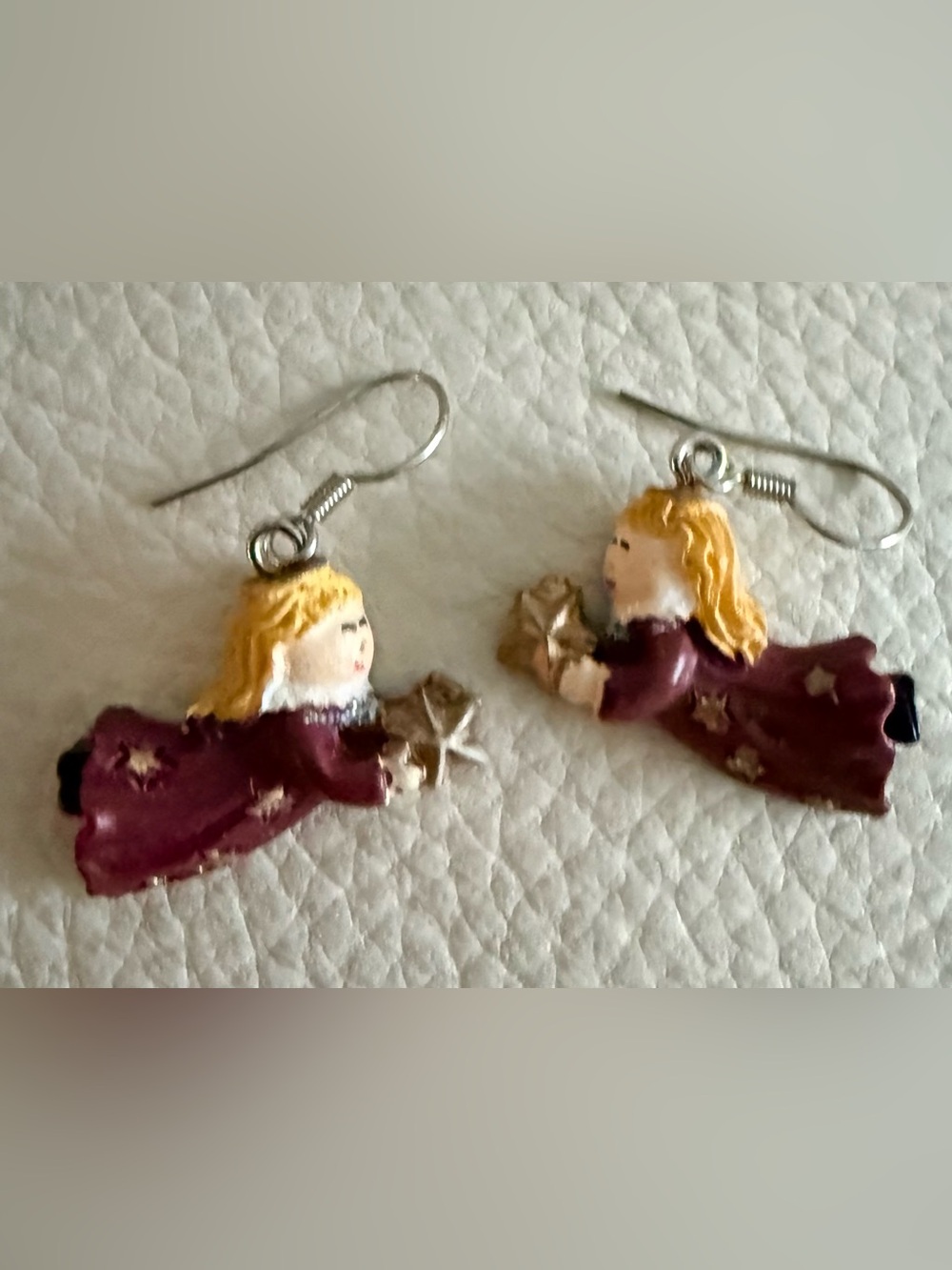 Hand painted Angel Vintage Christmas Holiday Dangle Pierced Earrings